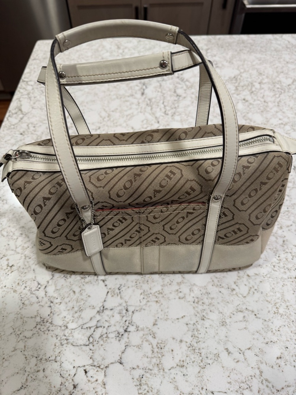 Coach Beige Logo Tote with Cream Leather Trim